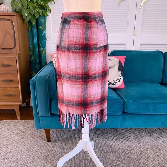 Anthropologie | Maeve Fringed Midi Skirt Plaid Pink Buttondown Christmas New 6 - Picture 10 of 15